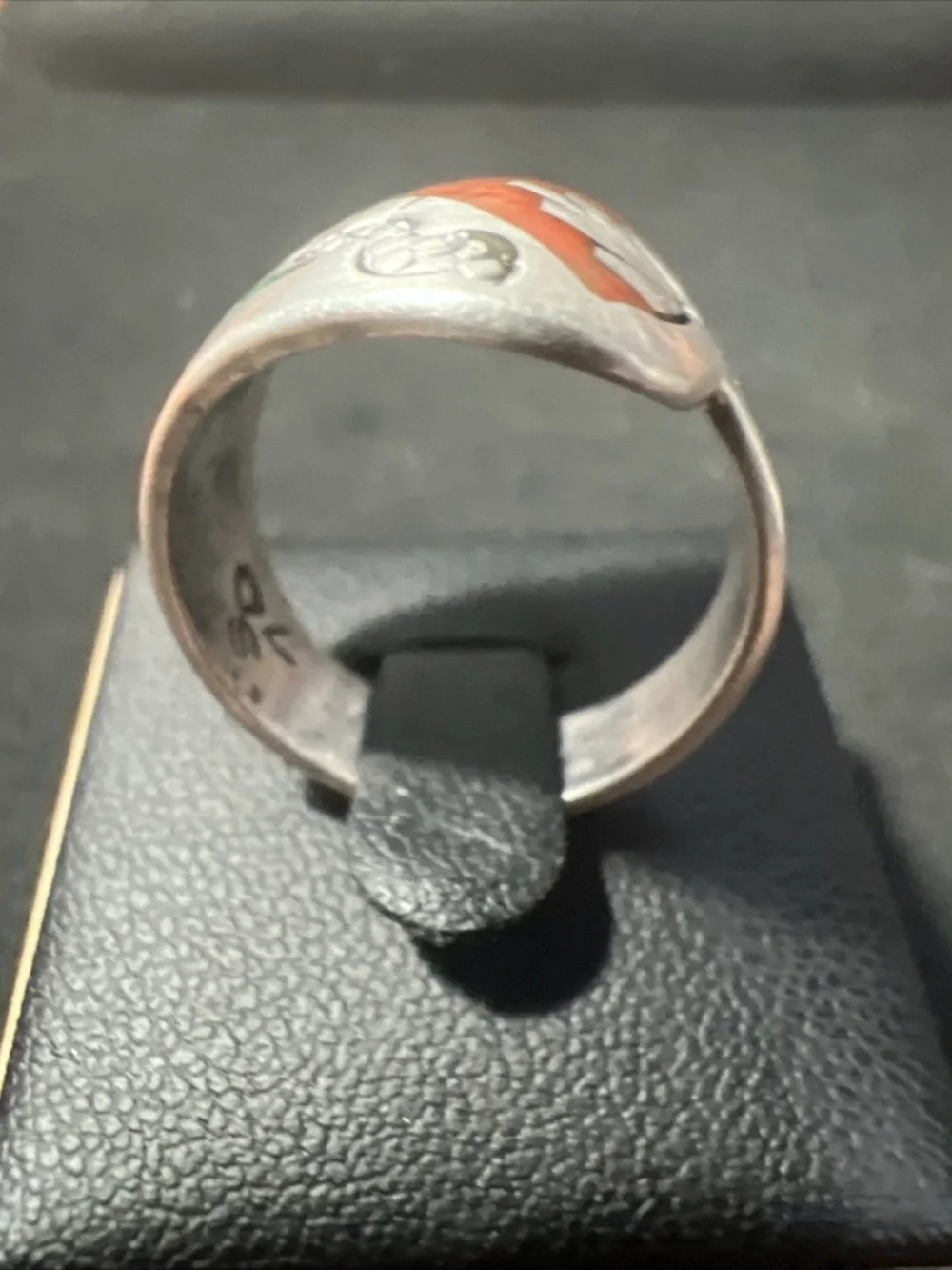 Vintage Navajo .925 Silver Turquoise & Coral Chip Inlay Ring Signed Size 9.75 - Picture 4 of 7